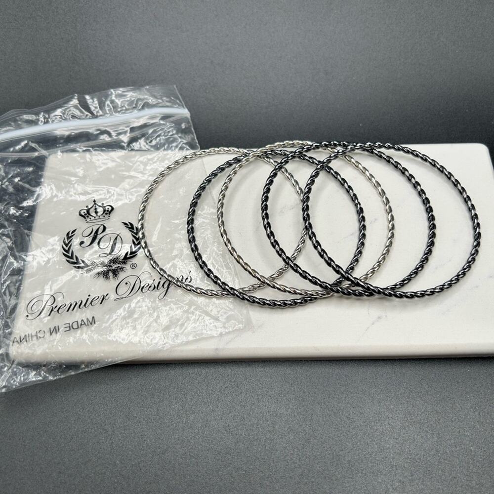 L40 Premier Designs Set of 5 twisted Bangle bracelets Black Silver tone